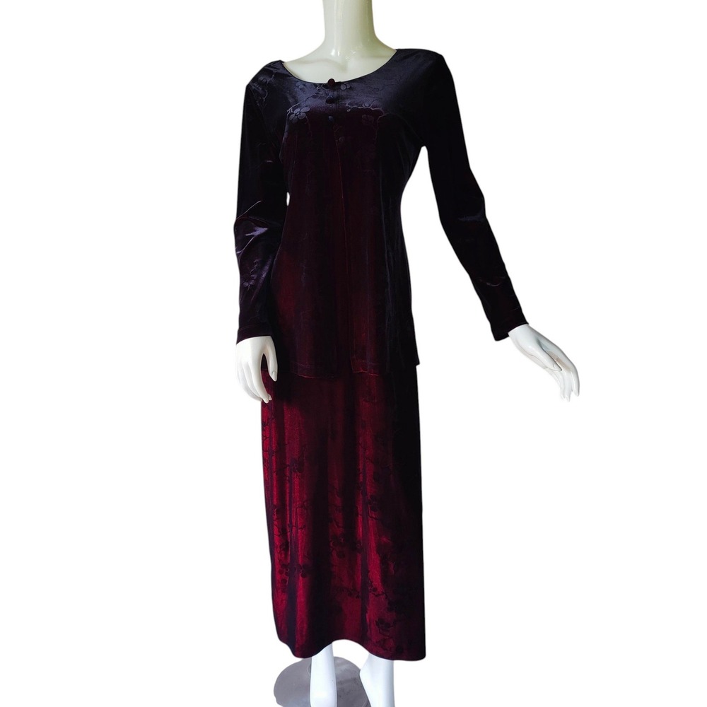 Vintage 90s Carole Little Burgundy Velvet Maxi Dress Floral Whimsigoth Witchy 10